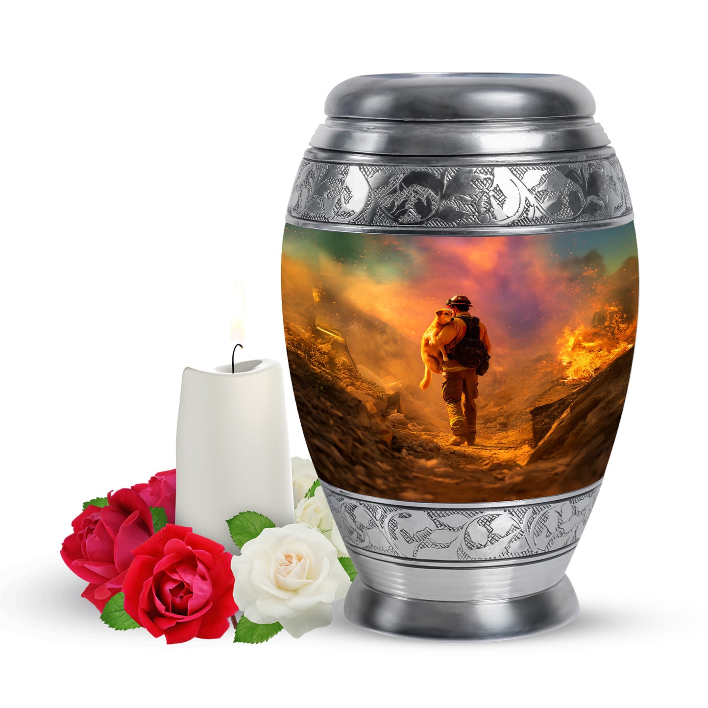 Gold Beloved Firefighter Cremation Urns for Human Ashes - 10-inch, 200 cu in - Yatskia