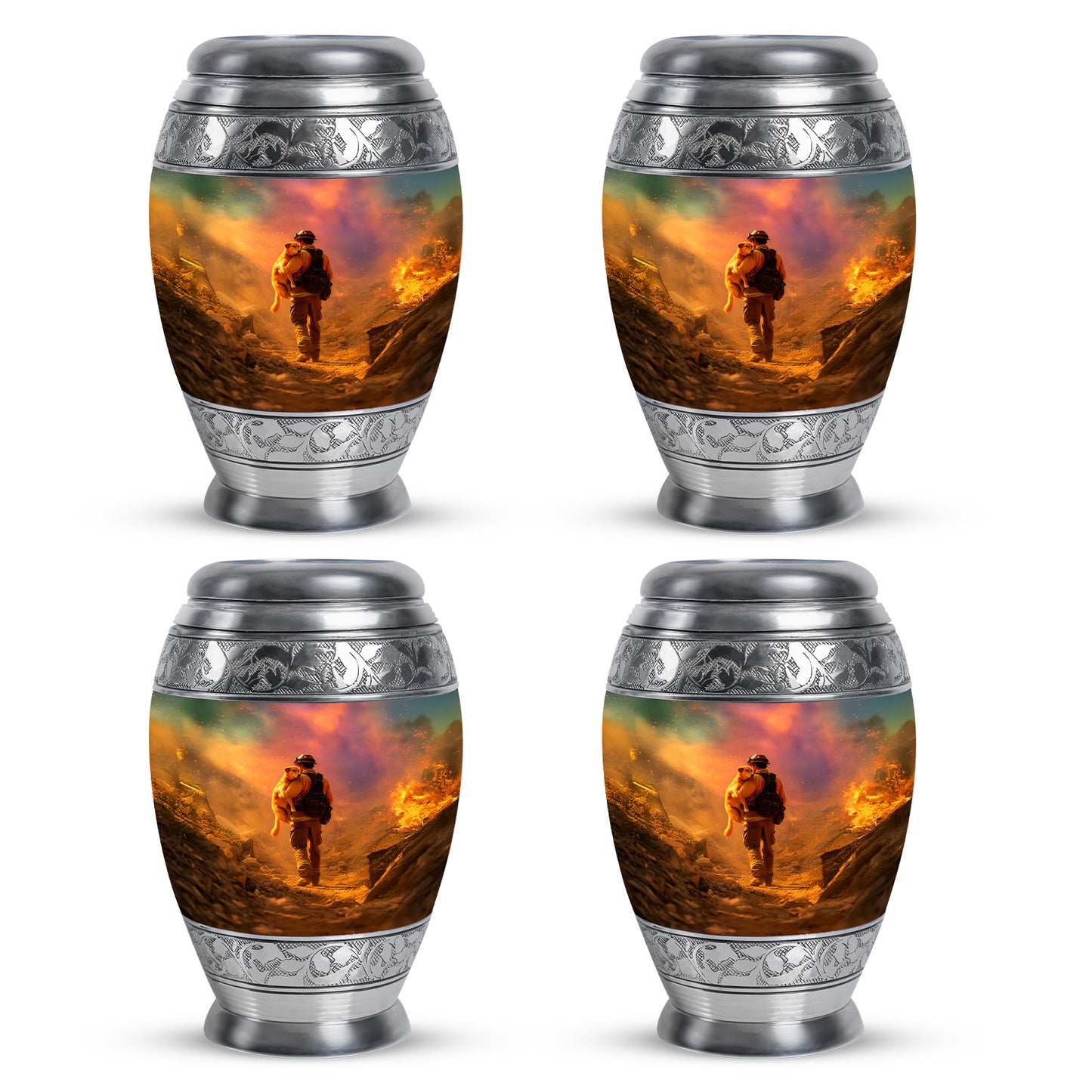 Warm Gold Firefighter Cremation Urn urn with complimentary velvet bag - majestic firefighter pattern with filigree border - 10 inch aluminum urn for cremated remains
