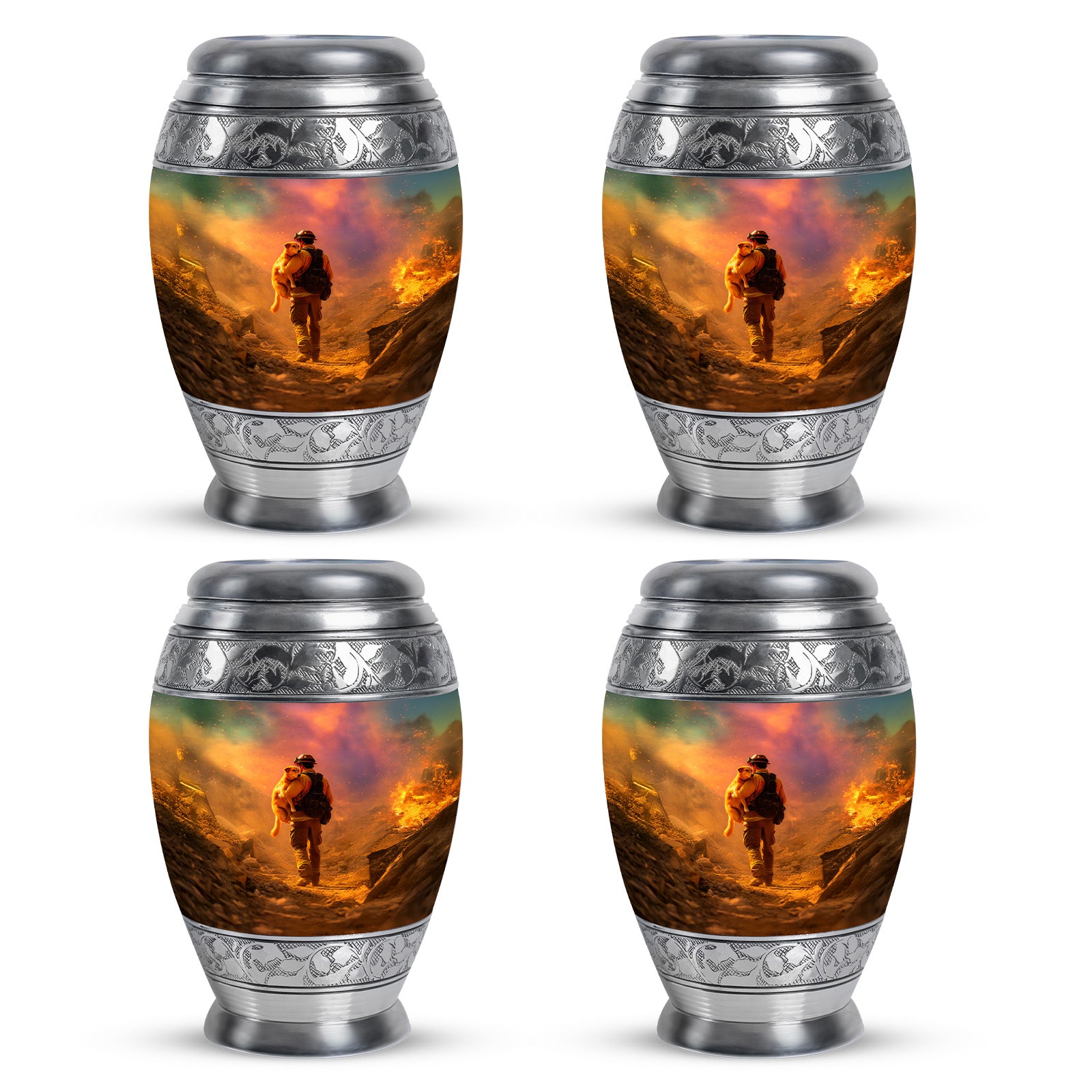 Warm Gold Firefighter Cremation Urn urn with complimentary velvet bag - majestic firefighter pattern with filigree border - 10 inch aluminum urn for cremated remains