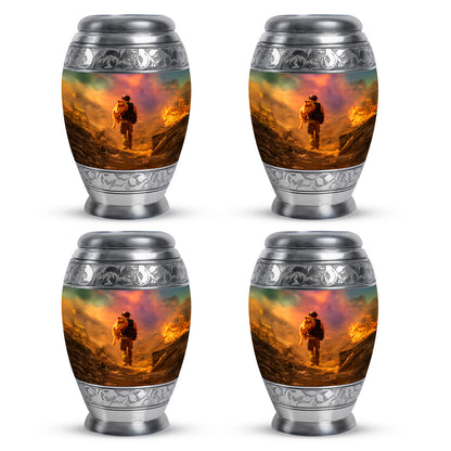 Warm Gold Firefighter Cremation Urn urn with complimentary velvet bag - majestic firefighter pattern with filigree border - 10 inch aluminum urn for cremated remains