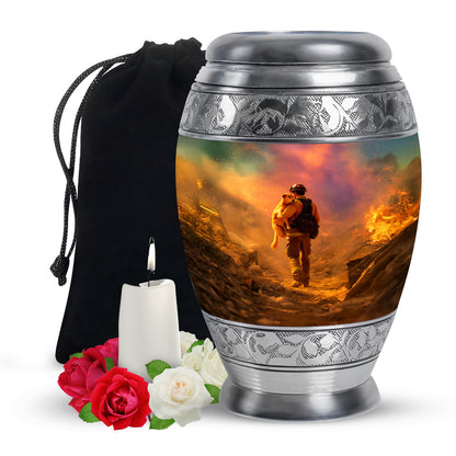 Burnished Gold Firefighter Cremation Urn back view with polished surface - majestic firefighter pattern with filigree border - full-size 10 inch 200 cubic inch adult cremation urn