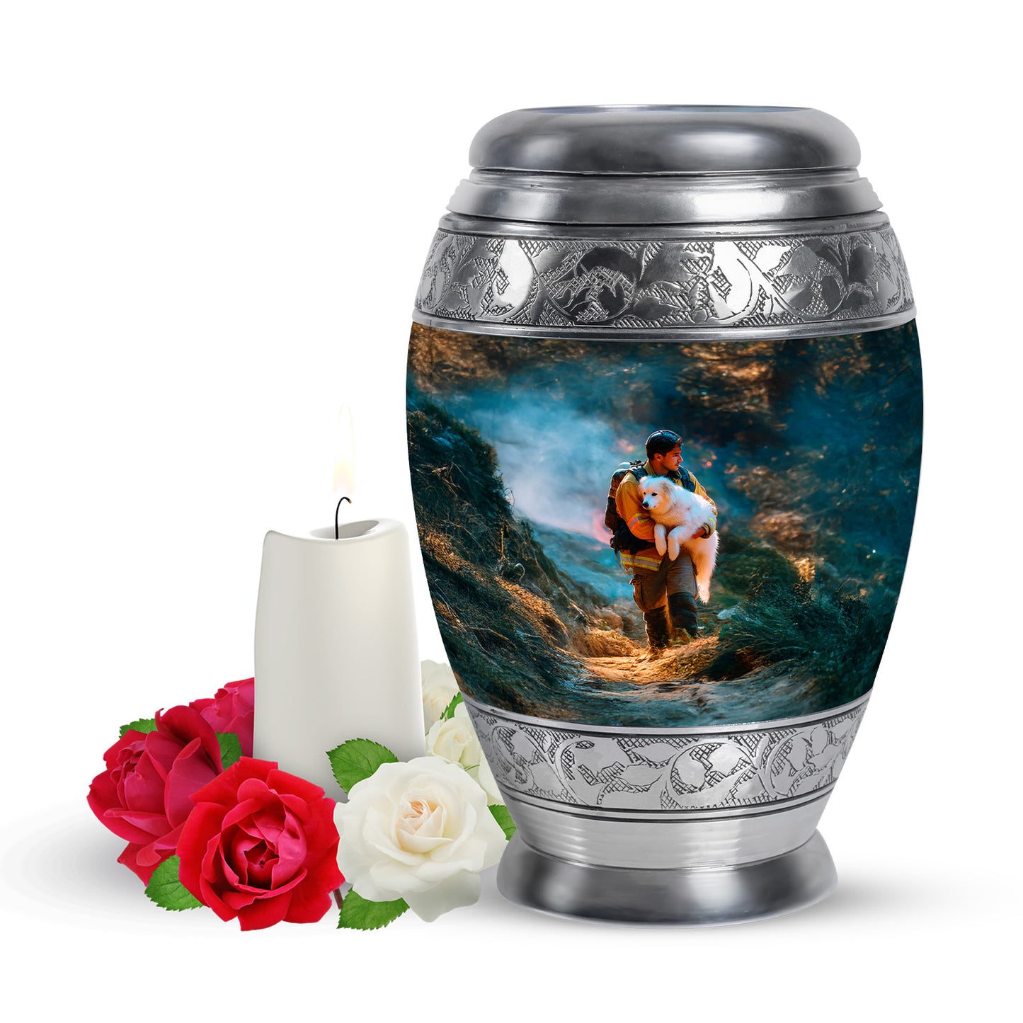 Teal Firefighter Cremation Urns - Opulent Reflection 10-inch, 200 cu in - Yatskia