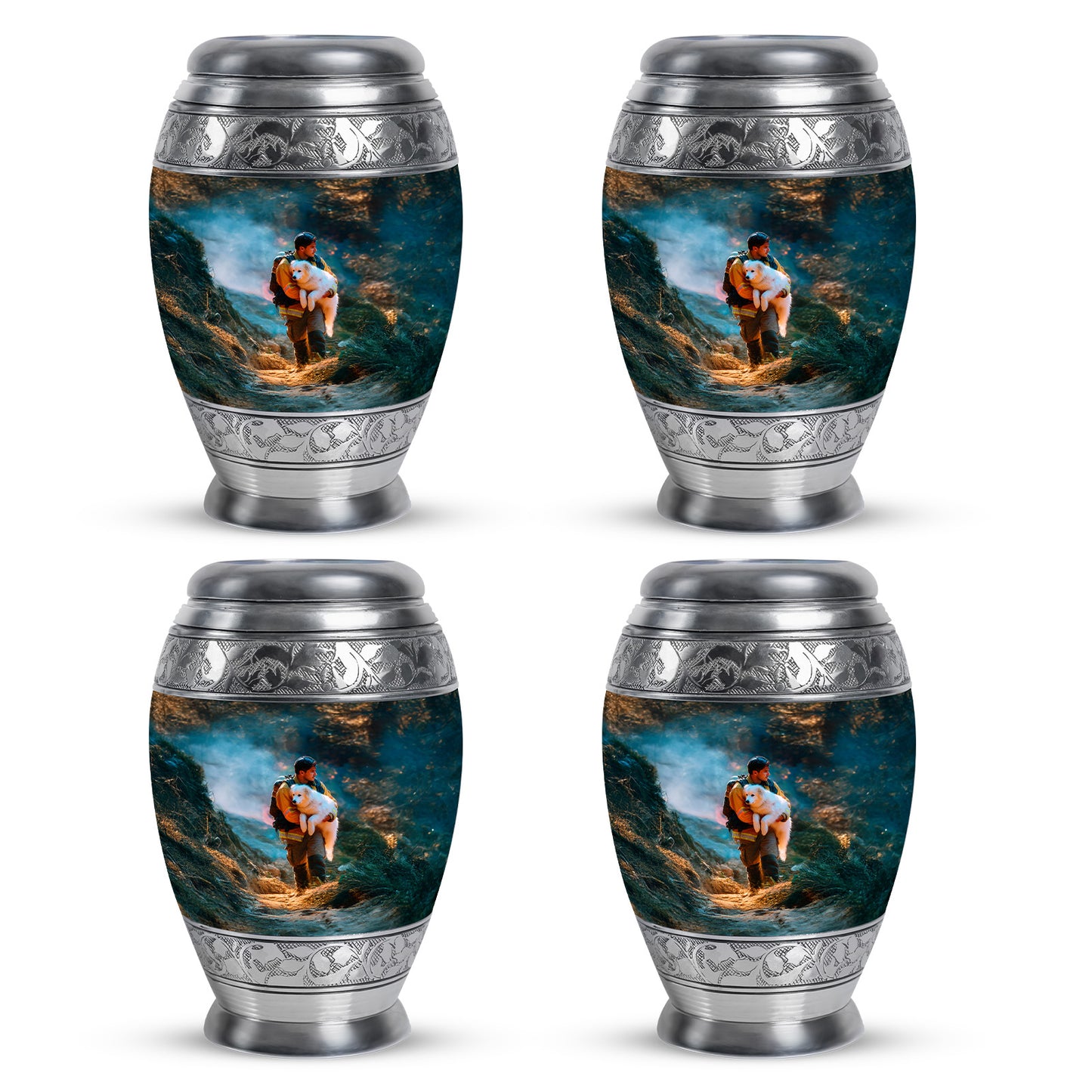 Soft Teal Firefighter Cremation Urn urn with complimentary velvet bag - ornate monarch-style firefighter relief on brushed aluminum - 10 inch aluminum urn for cremated remains