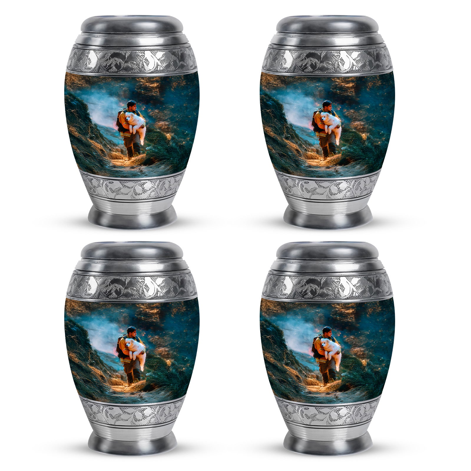 Soft Teal Firefighter Cremation Urn urn with complimentary velvet bag - ornate monarch-style firefighter relief on brushed aluminum - 10 inch aluminum urn for cremated remains