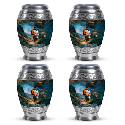 Soft Teal Firefighter Cremation Urn urn with complimentary velvet bag - ornate monarch-style firefighter relief on brushed aluminum - 10 inch aluminum urn for cremated remains