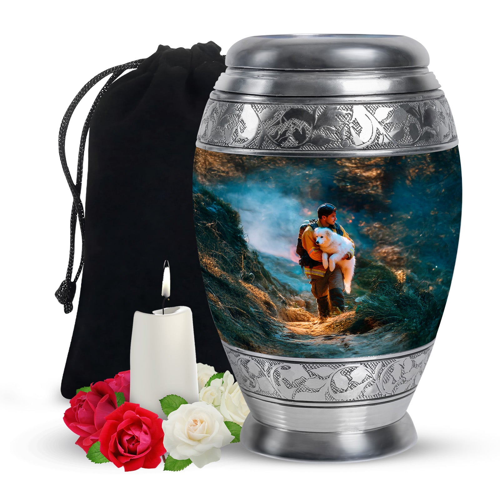Deep Teal Firefighter Cremation Urn back view with polished surface - majestic firefighter pattern with filigree border - full-size 10 inch 200 cubic inch adult cremation urn