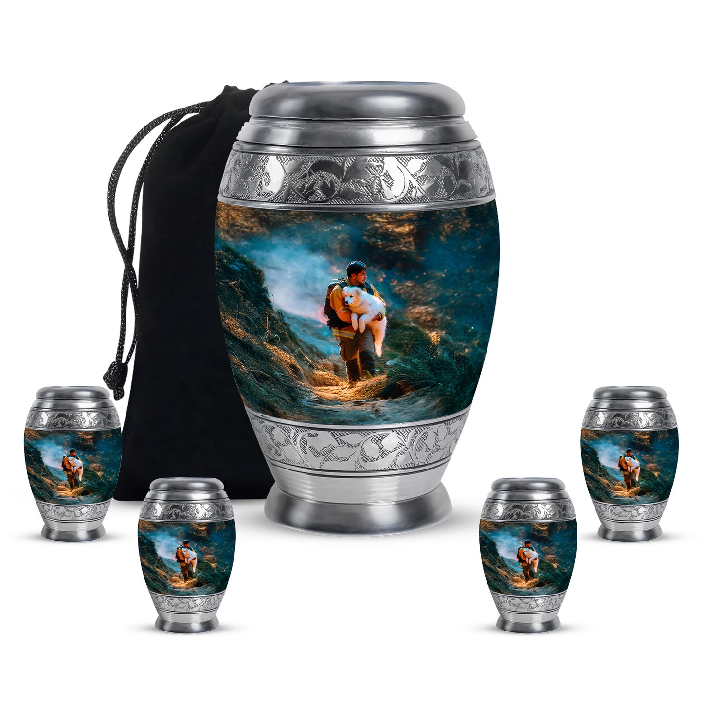 Sea Green Teal Firefighter Cremation Urn detail view - regal firefighter design with crown-inspired accents - memorial set with one large and four small urns