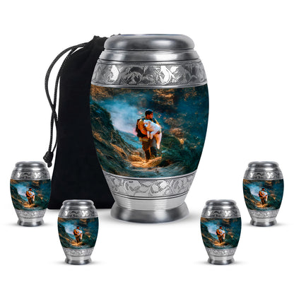 Sea Green Teal Firefighter Cremation Urn detail view - regal firefighter design with crown-inspired accents - memorial set with one large and four small urns