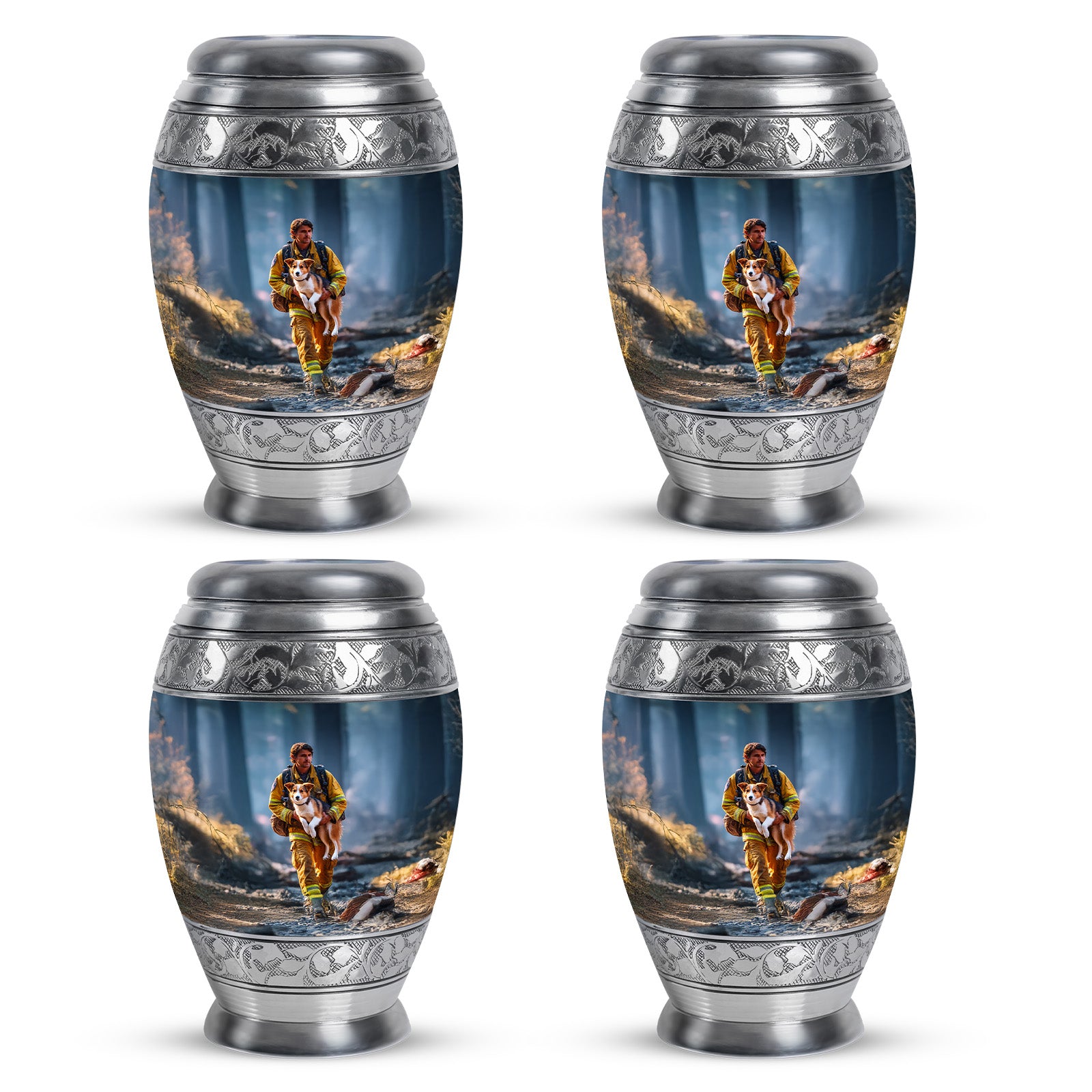 Cornflower Blue Firefighter Cremation Urn urn with complimentary velvet bag - majestic firefighter pattern with filigree border - 10 inch aluminum urn for cremated remains