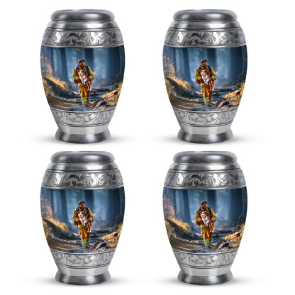 Cornflower Blue Firefighter Cremation Urn urn with complimentary velvet bag - majestic firefighter pattern with filigree border - 10 inch aluminum urn for cremated remains