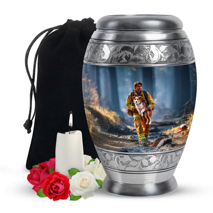 Cornflower Blue Firefighter Cremation Urn back view with polished surface - majestic firefighter pattern with filigree border - full-size 10 inch 200 cubic inch adult cremation urn