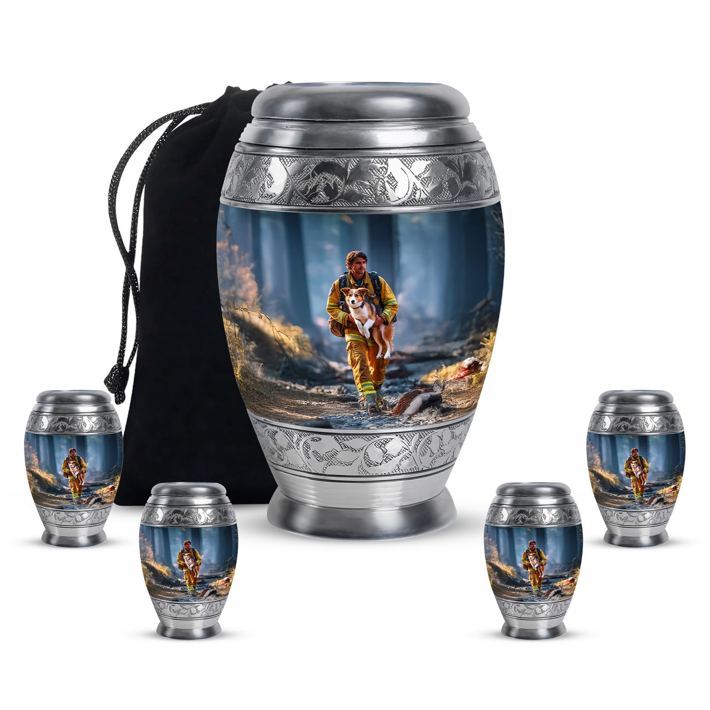 Twilight Blue Firefighter Cremation Urn detail view - royal firefighter engraving with decorative scrollwork - memorial set with one large and four small urns