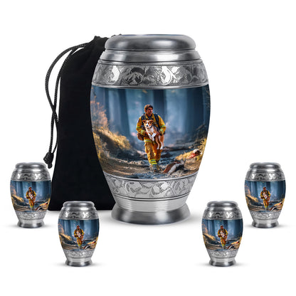 Twilight Blue Firefighter Cremation Urn detail view - royal firefighter engraving with decorative scrollwork - memorial set with one large and four small urns
