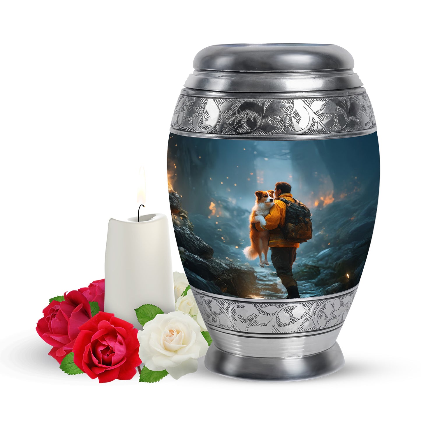 Blue Treasured Firefighter Cremation Urns for Human Ashes - 10-inch, 200 cu in - Yatskia