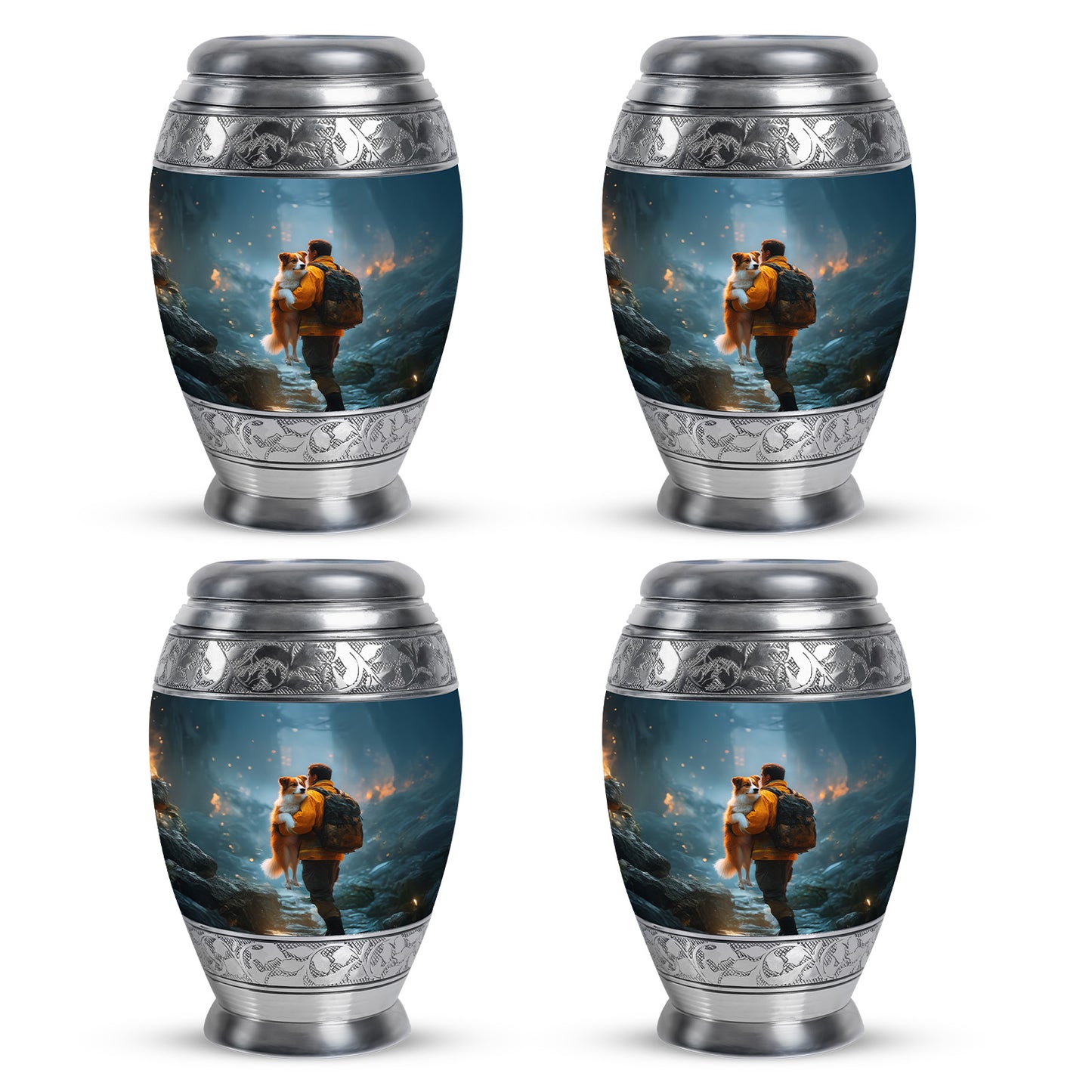 Dusty Blue Firefighter Cremation Urn urn with complimentary velvet bag - regal firefighter design with crown-inspired accents - 10 inch aluminum urn for cremated remains