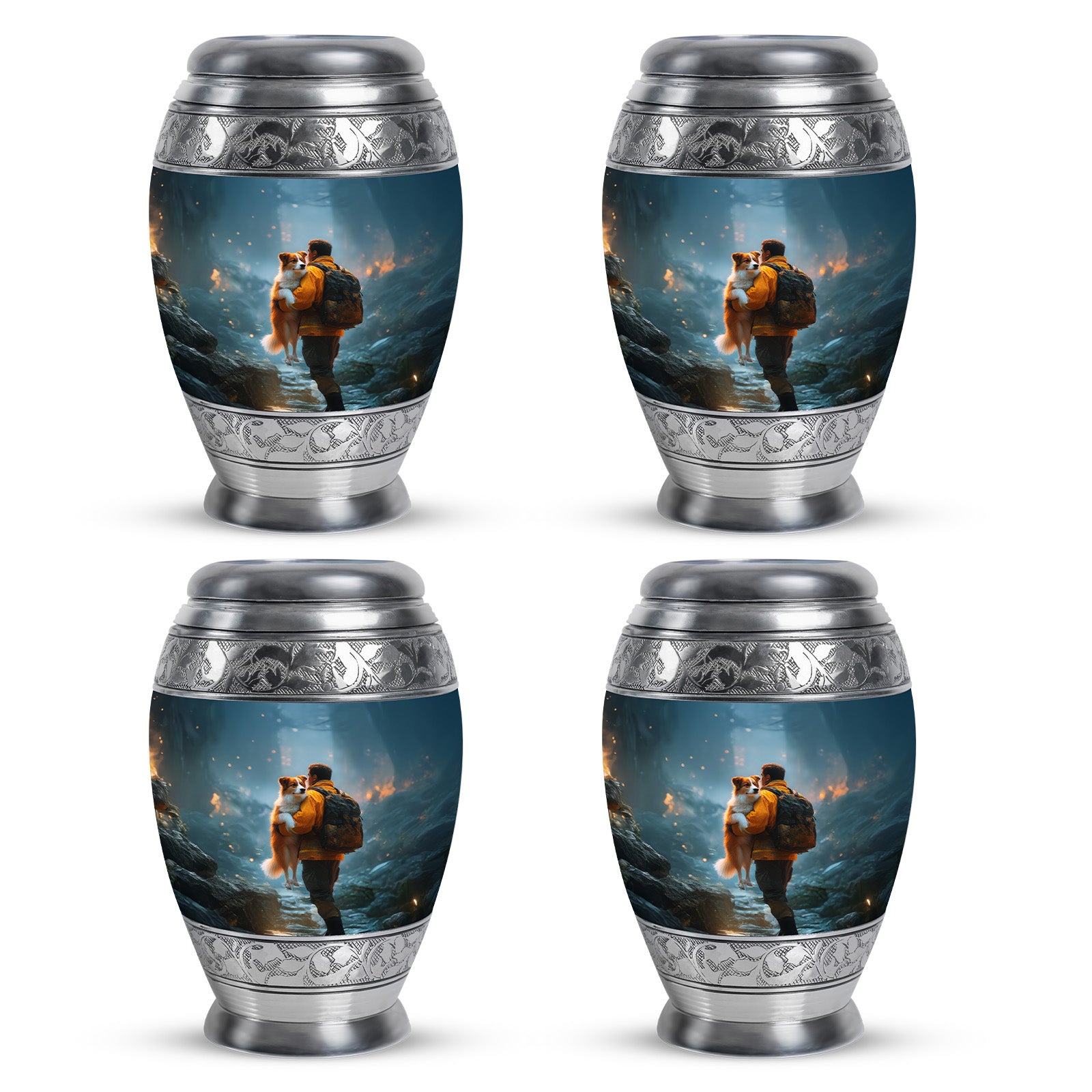 Dusty Blue Firefighter Cremation Urn urn with complimentary velvet bag - regal firefighter design with crown-inspired accents - 10 inch aluminum urn for cremated remains
