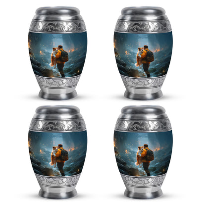 Dusty Blue Firefighter Cremation Urn urn with complimentary velvet bag - regal firefighter design with crown-inspired accents - 10 inch aluminum urn for cremated remains