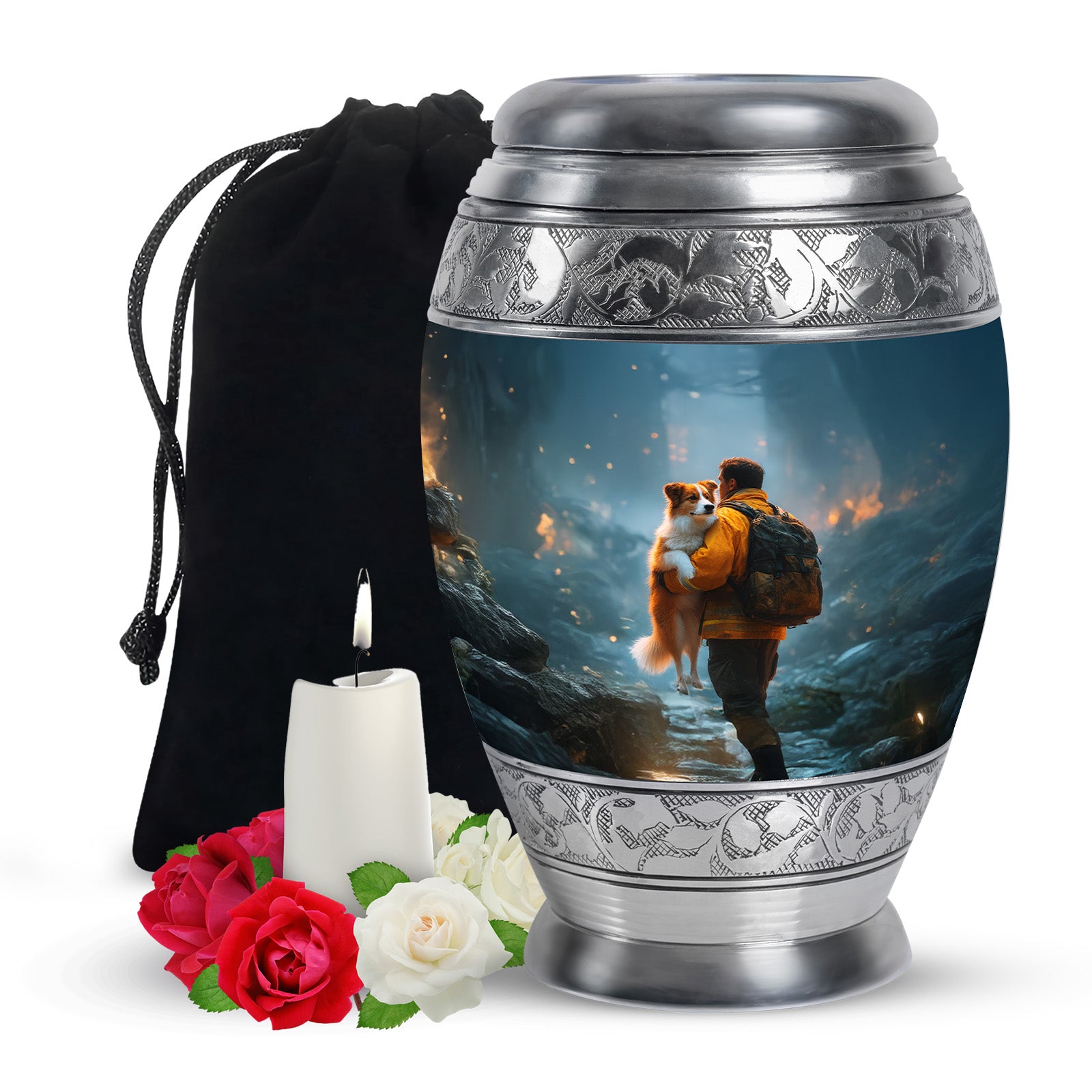 Icy Blue Firefighter Cremation Urn back view with polished surface - ornate monarch-style firefighter relief on brushed aluminum - full-size 10 inch 200 cubic inch adult cremation urn