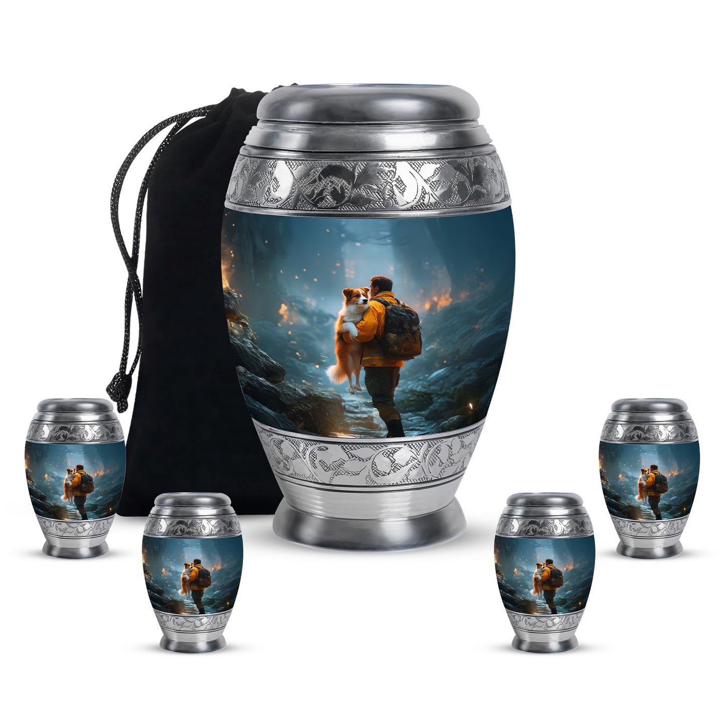 Azure Firefighter Cremation Urn detail view - regal firefighter design with crown-inspired accents - memorial set with one large and four small urns