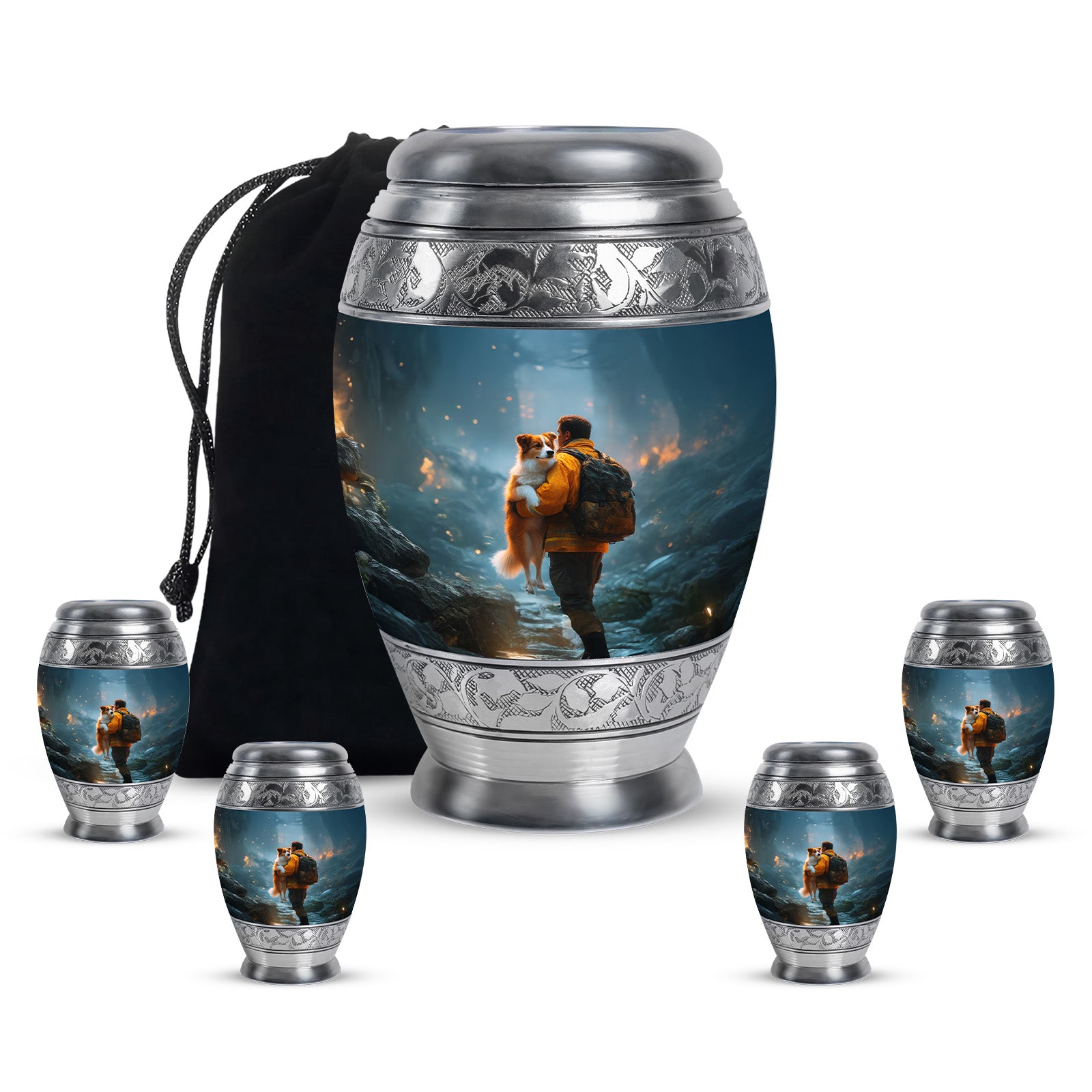Azure Firefighter Cremation Urn detail view - regal firefighter design with crown-inspired accents - memorial set with one large and four small urns