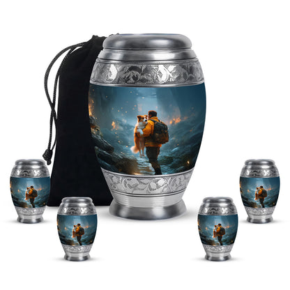 Azure Firefighter Cremation Urn detail view - regal firefighter design with crown-inspired accents - memorial set with one large and four small urns