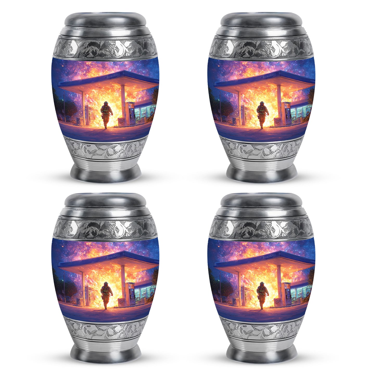 Dusty Blue Firefighter Cremation Urn urn with complimentary velvet bag - ornate monarch-style firefighter relief on brushed aluminum - 10 inch aluminum urn for cremated remains