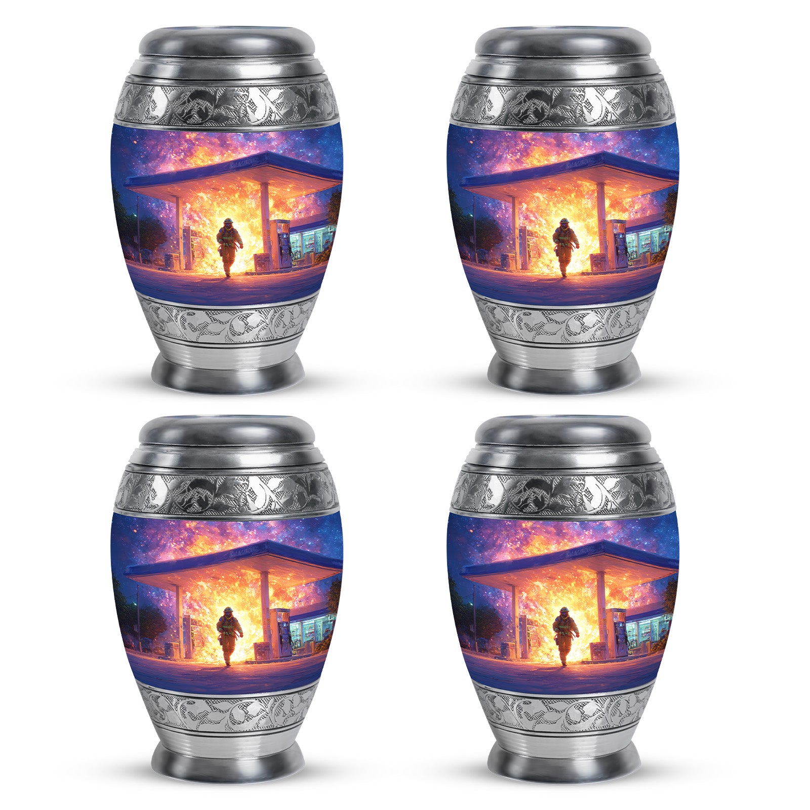 Dusty Blue Firefighter Cremation Urn urn with complimentary velvet bag - ornate monarch-style firefighter relief on brushed aluminum - 10 inch aluminum urn for cremated remains