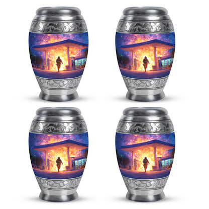 Dusty Blue Firefighter Cremation Urn urn with complimentary velvet bag - ornate monarch-style firefighter relief on brushed aluminum - 10 inch aluminum urn for cremated remains