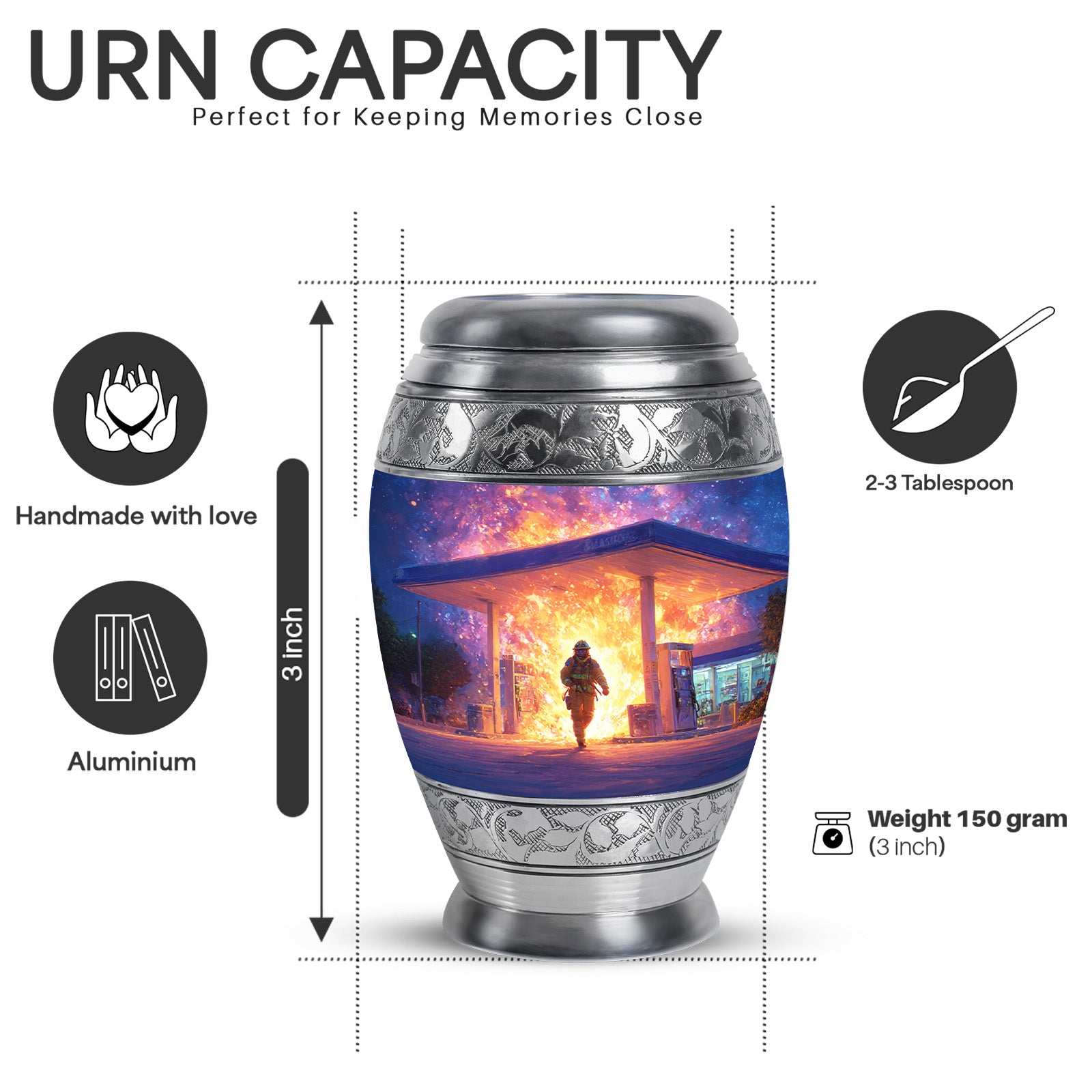Pastel Blue Firefighter Cremation Urn lifestyle display on memorial shelf - ornate monarch-style firefighter relief on brushed aluminum - mini keepsake memorial for portion of cremation ashes