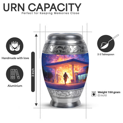 Pastel Blue Firefighter Cremation Urn lifestyle display on memorial shelf - ornate monarch-style firefighter relief on brushed aluminum - mini keepsake memorial for portion of cremation ashes