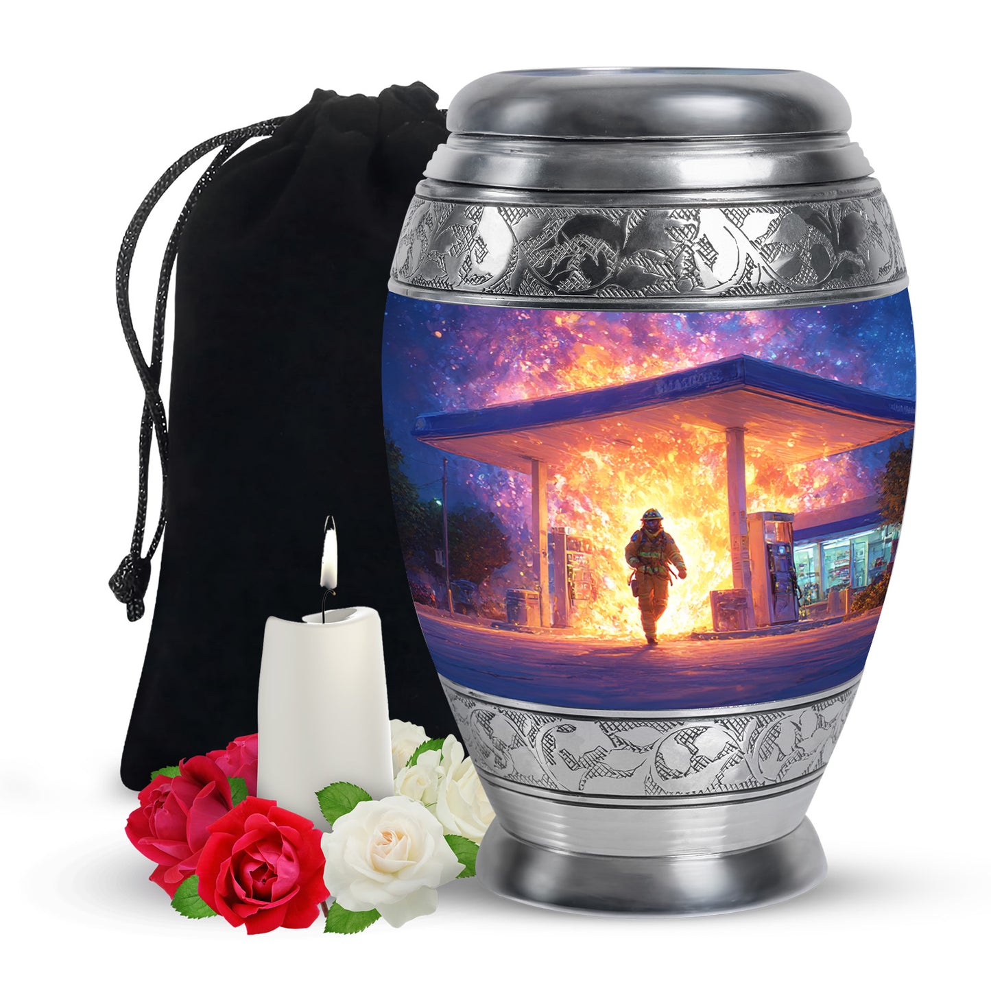 Sapphire Blue Firefighter Cremation Urn back view with polished surface - majestic firefighter pattern with filigree border - full-size 10 inch 200 cubic inch adult cremation urn