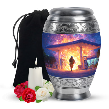 Sapphire Blue Firefighter Cremation Urn back view with polished surface - majestic firefighter pattern with filigree border - full-size 10 inch 200 cubic inch adult cremation urn