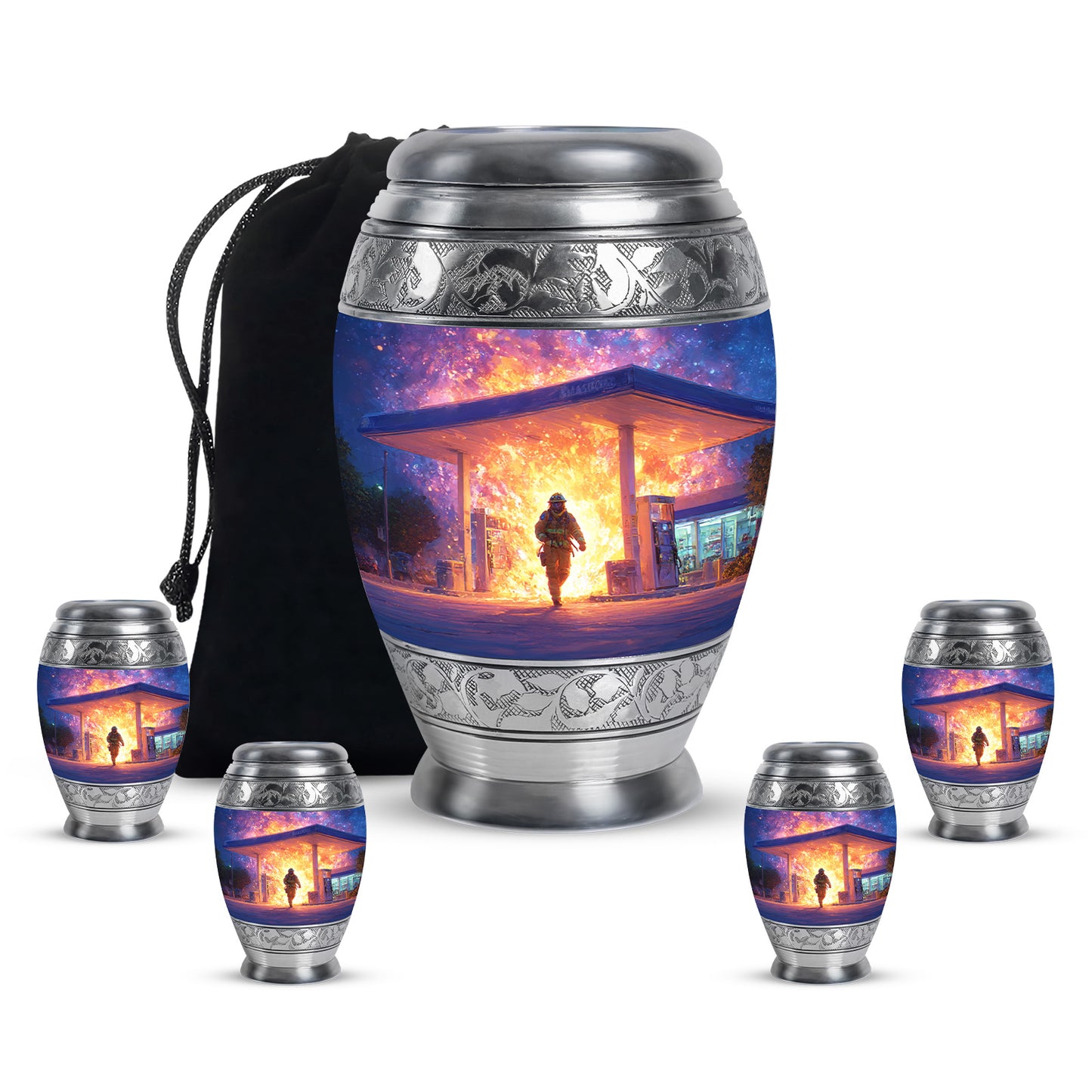 Calming Blue Firefighter Cremation Urn detail view - royal firefighter engraving with decorative scrollwork - memorial set with one large and four small urns