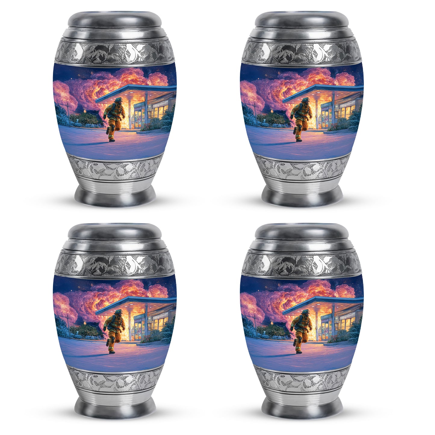 Soft Blue Firefighter Cremation Urn urn with complimentary velvet bag - majestic firefighter pattern with filigree border - 10 inch aluminum urn for cremated remains