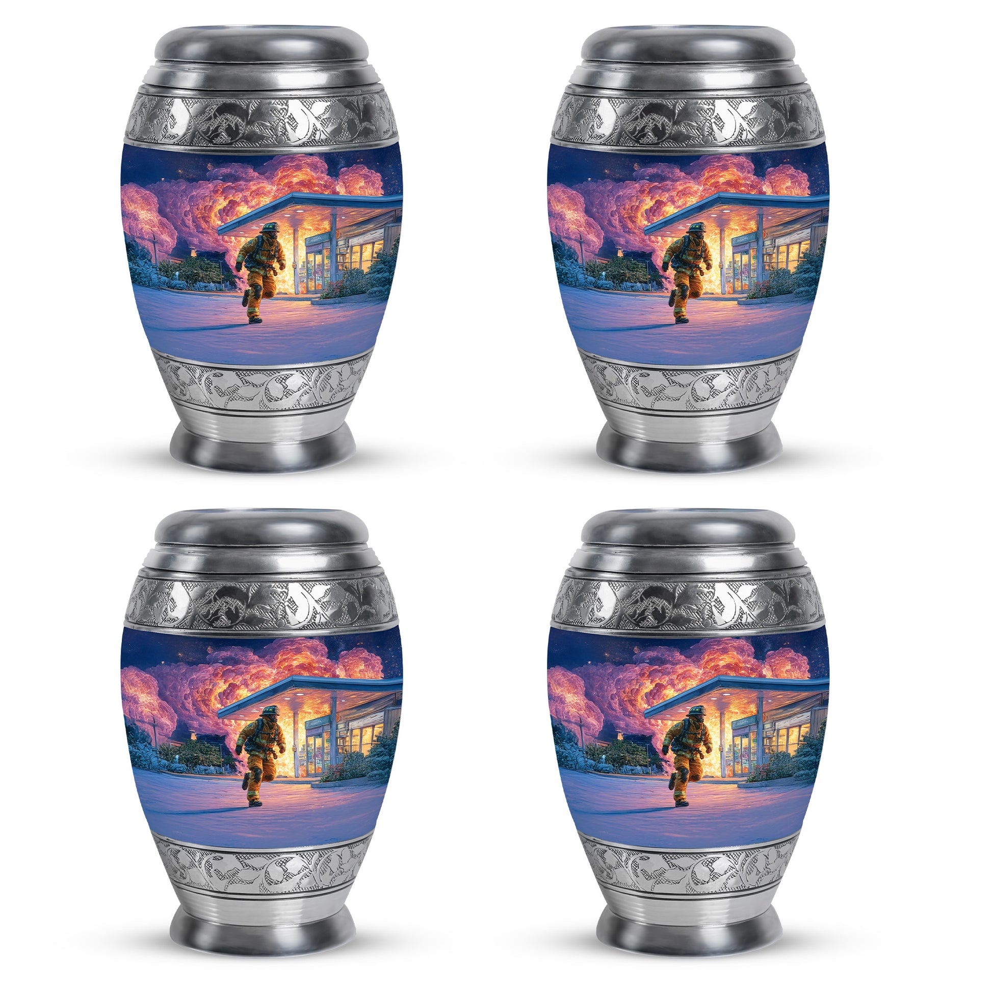 Soft Blue Firefighter Cremation Urn urn with complimentary velvet bag - majestic firefighter pattern with filigree border - 10 inch aluminum urn for cremated remains