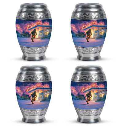 Soft Blue Firefighter Cremation Urn urn with complimentary velvet bag - majestic firefighter pattern with filigree border - 10 inch aluminum urn for cremated remains