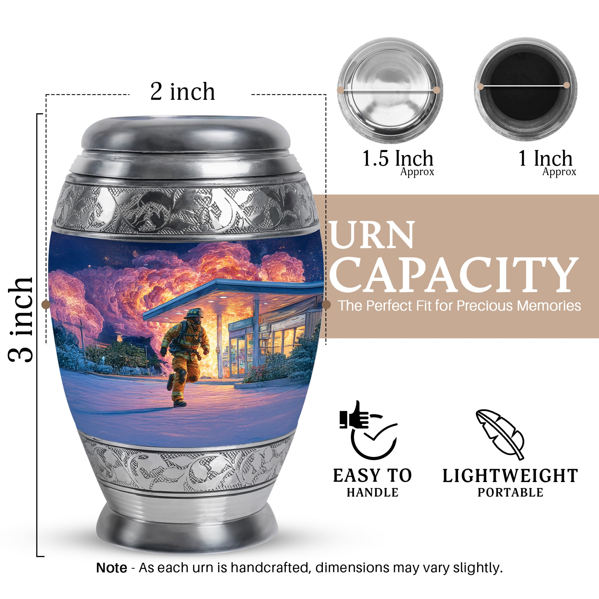 Powder Blue Firefighter Cremation Urn lifestyle display on memorial shelf - ornate monarch-style firefighter relief on brushed aluminum - mini keepsake memorial for portion of cremation ashes
