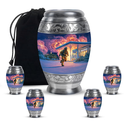 Sky Blue Firefighter Cremation Urn detail view - ornate monarch-style firefighter relief on brushed aluminum - memorial set with one large and four small urns