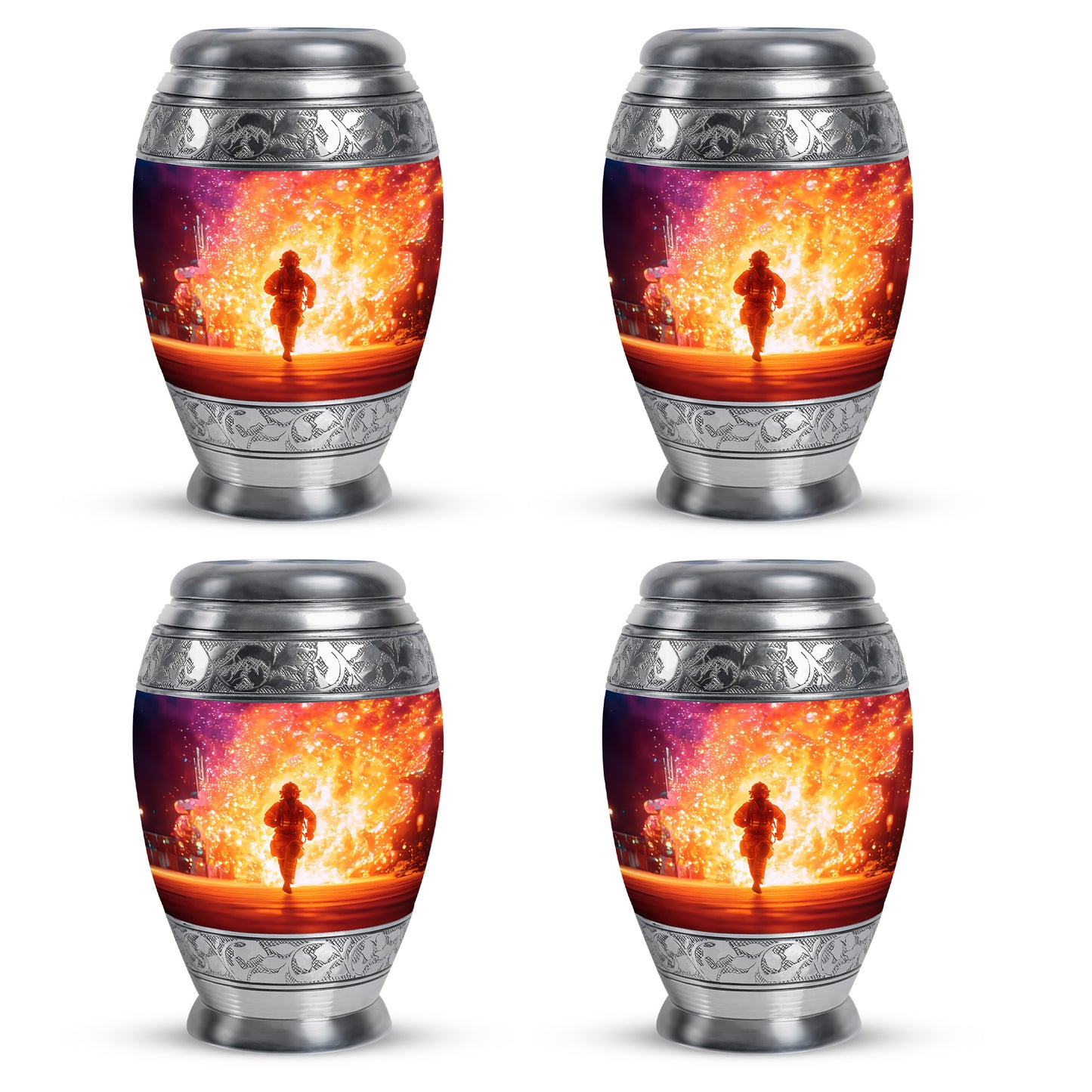 Peony Pink Firefighter Cremation Urn urn with complimentary velvet bag - ornate monarch-style firefighter relief on brushed aluminum - 10 inch aluminum urn for cremated remains
