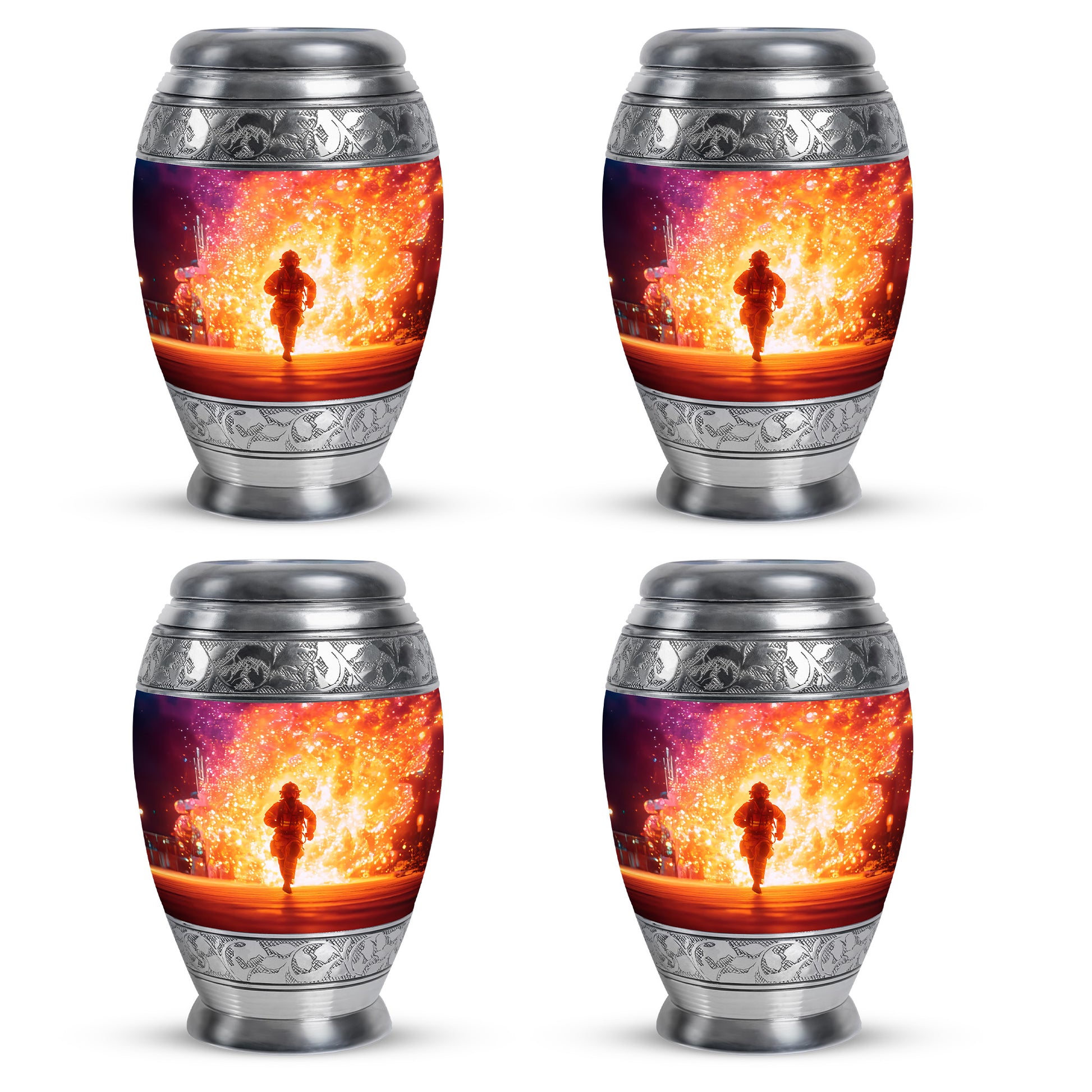 Peony Pink Firefighter Cremation Urn urn with complimentary velvet bag - ornate monarch-style firefighter relief on brushed aluminum - 10 inch aluminum urn for cremated remains
