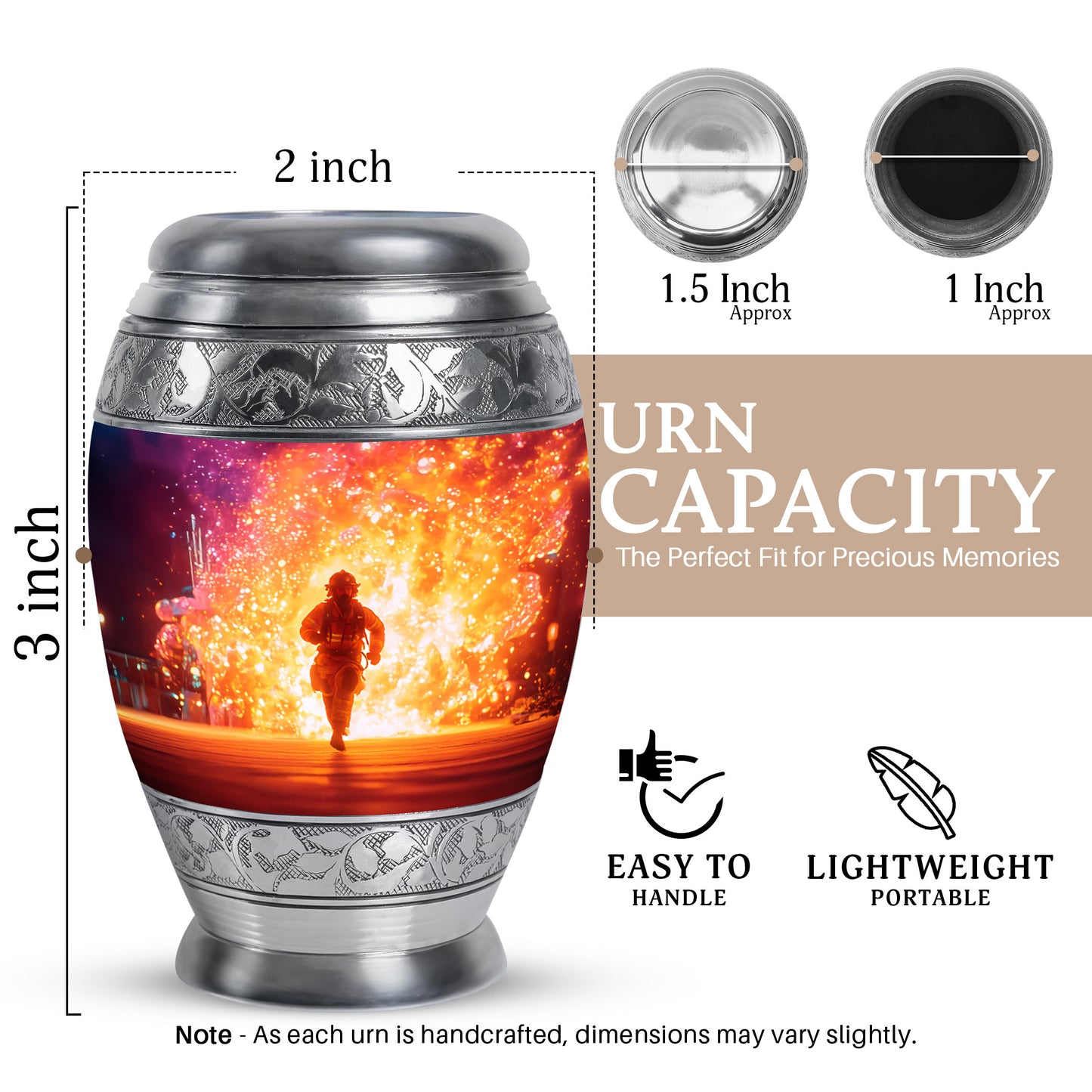 Salmon Pink Firefighter Cremation Urn lifestyle display on memorial shelf - royal firefighter engraving with decorative scrollwork - mini keepsake memorial for portion of cremation ashes