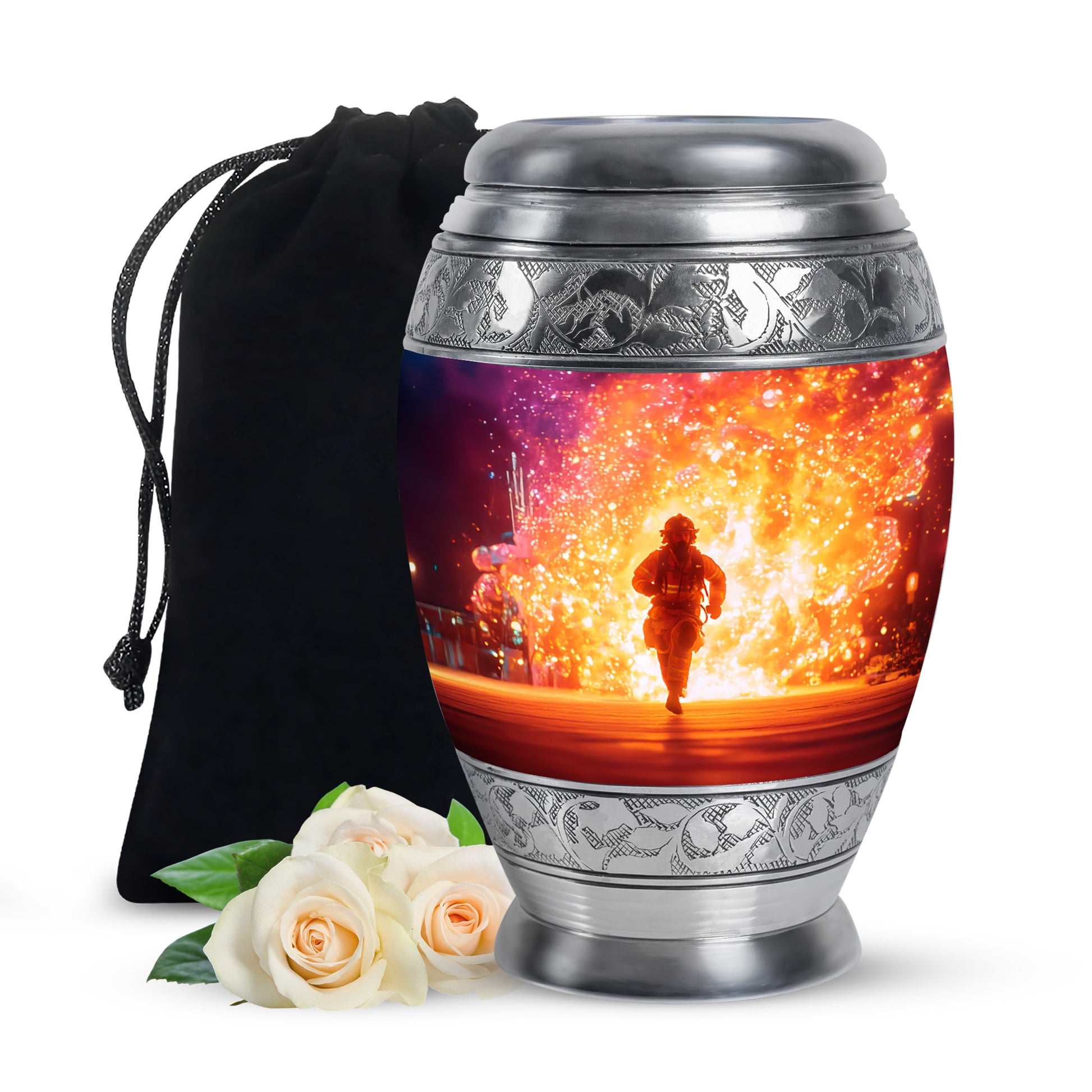Vintage Pink Firefighter Cremation Urn back view with polished surface - royal firefighter engraving with decorative scrollwork - full-size 10 inch 200 cubic inch adult cremation urn