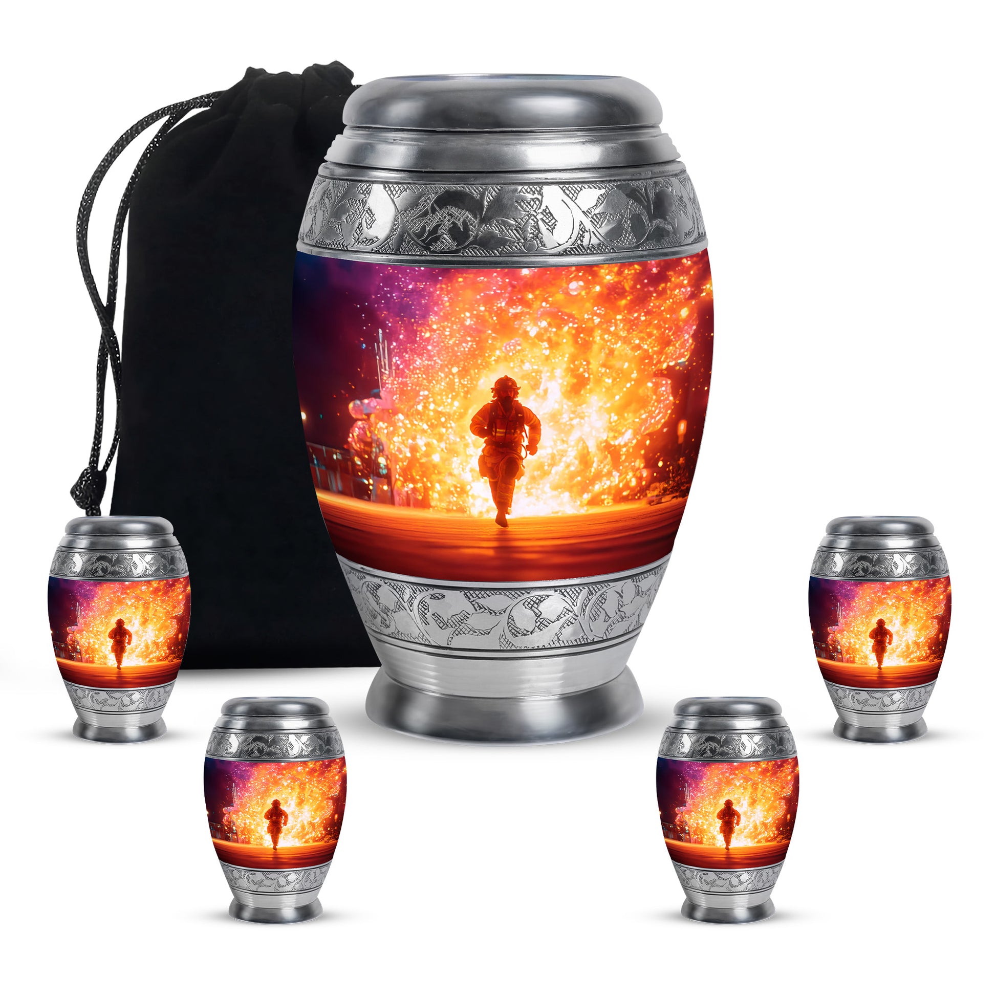 Blush Pink Firefighter Cremation Urn detail view - regal firefighter design with crown-inspired accents - memorial set with one large and four small urns