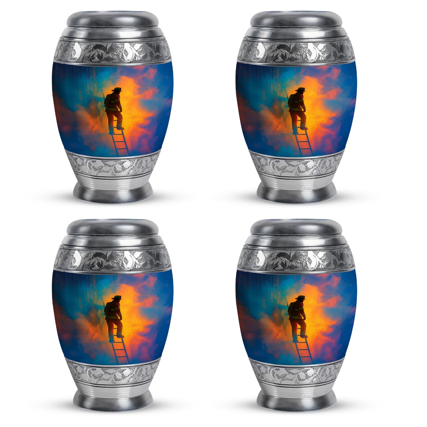 Vivid Blue Firefighter Cremation Urn urn with complimentary velvet bag - majestic firefighter pattern with filigree border - 10 inch aluminum urn for cremated remains