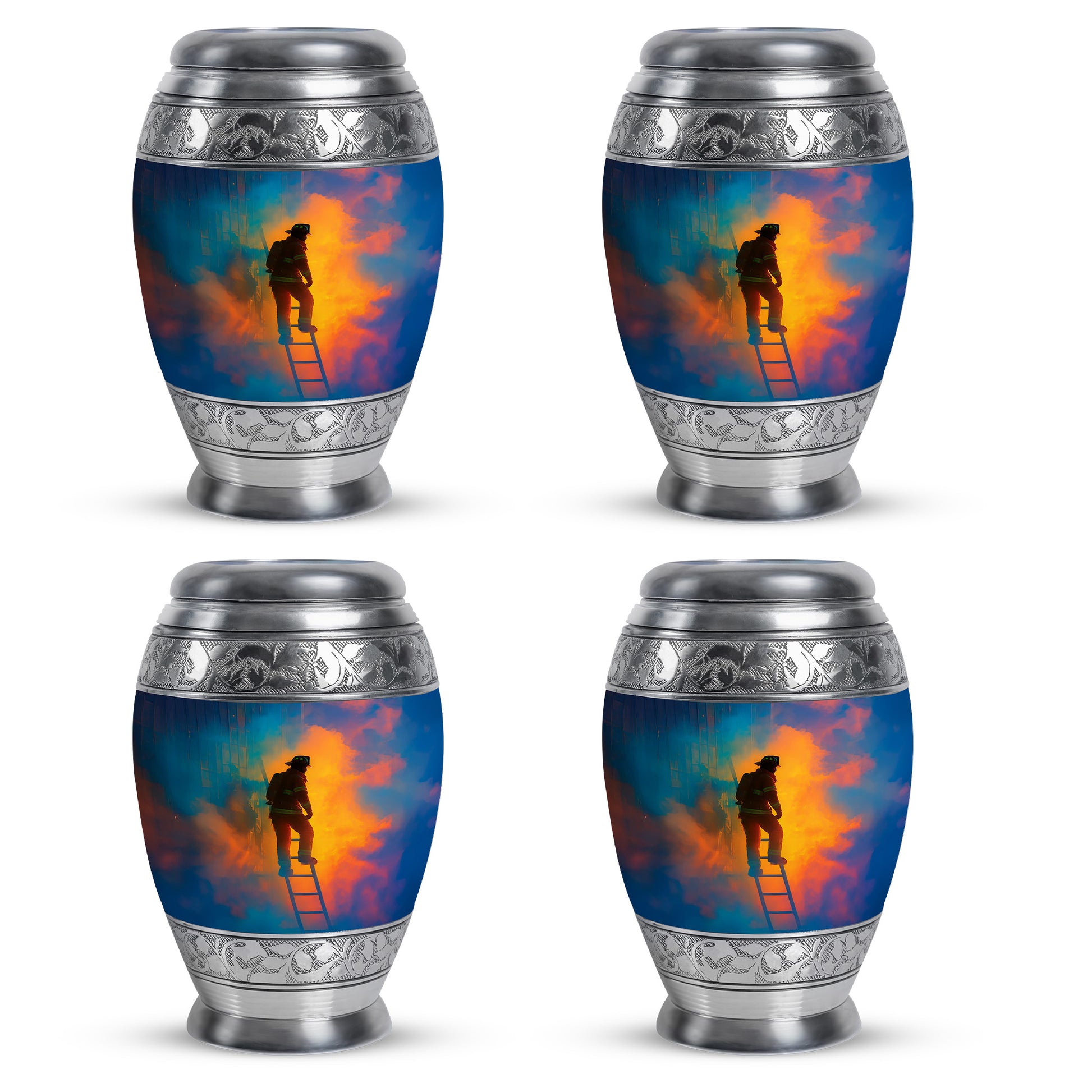 Vivid Blue Firefighter Cremation Urn urn with complimentary velvet bag - majestic firefighter pattern with filigree border - 10 inch aluminum urn for cremated remains