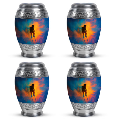 Vivid Blue Firefighter Cremation Urn urn with complimentary velvet bag - majestic firefighter pattern with filigree border - 10 inch aluminum urn for cremated remains