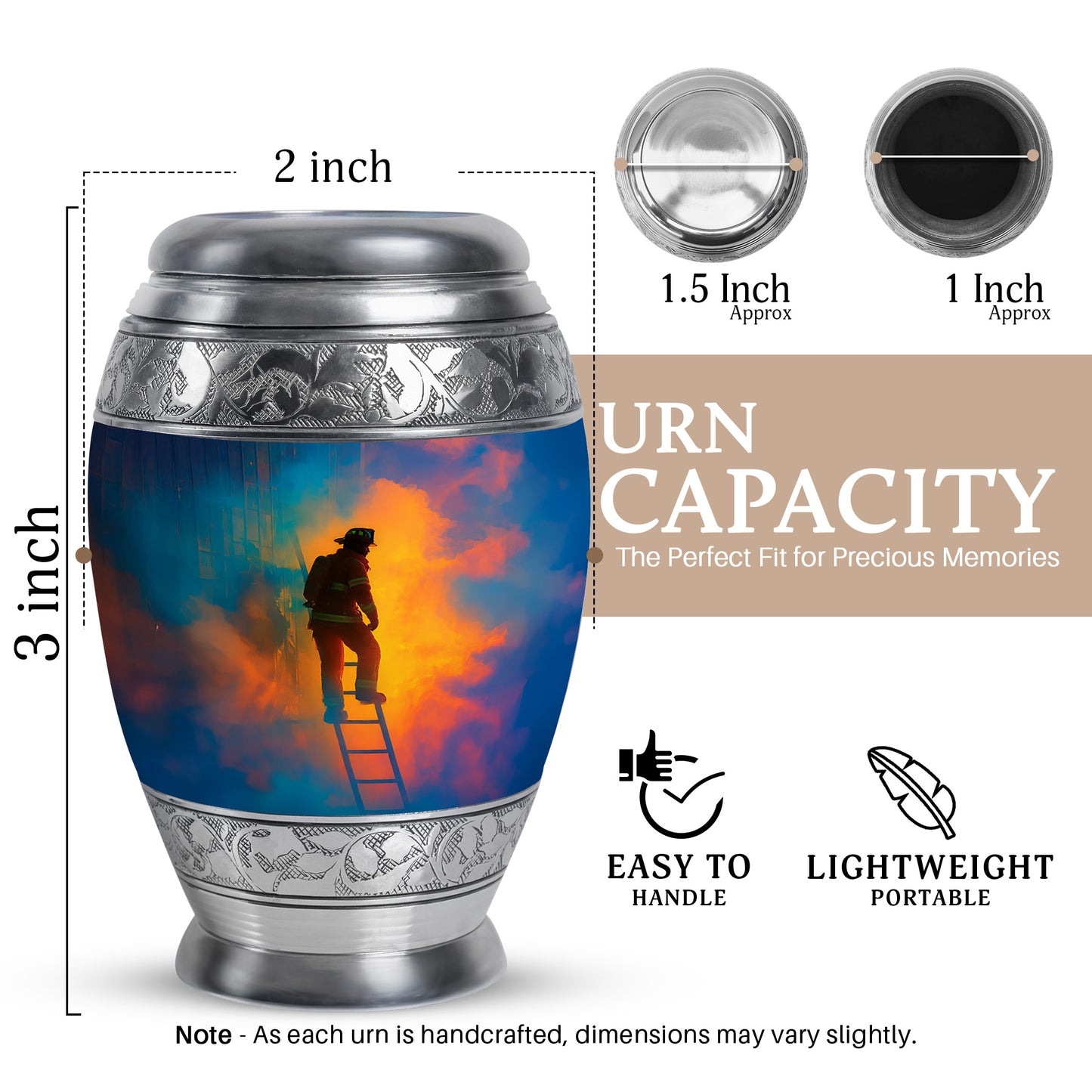 Steel Blue Firefighter Cremation Urn lifestyle display on memorial shelf - royal firefighter engraving with decorative scrollwork - mini keepsake memorial for portion of cremation ashes