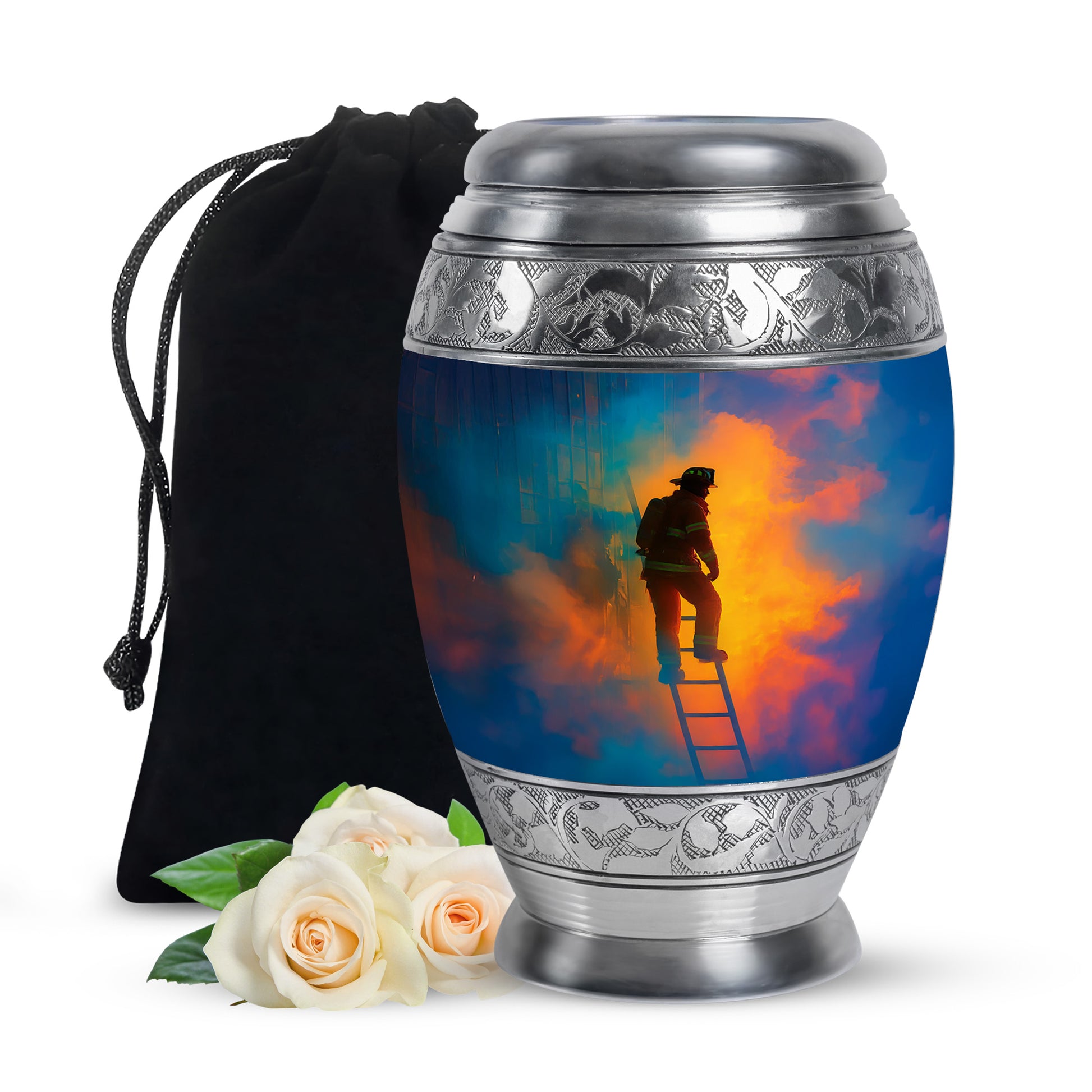 Vivid Blue Firefighter Cremation Urn back view with polished surface - royal firefighter engraving with decorative scrollwork - full-size 10 inch 200 cubic inch adult cremation urn