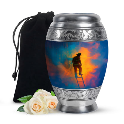 Vivid Blue Firefighter Cremation Urn back view with polished surface - royal firefighter engraving with decorative scrollwork - full-size 10 inch 200 cubic inch adult cremation urn