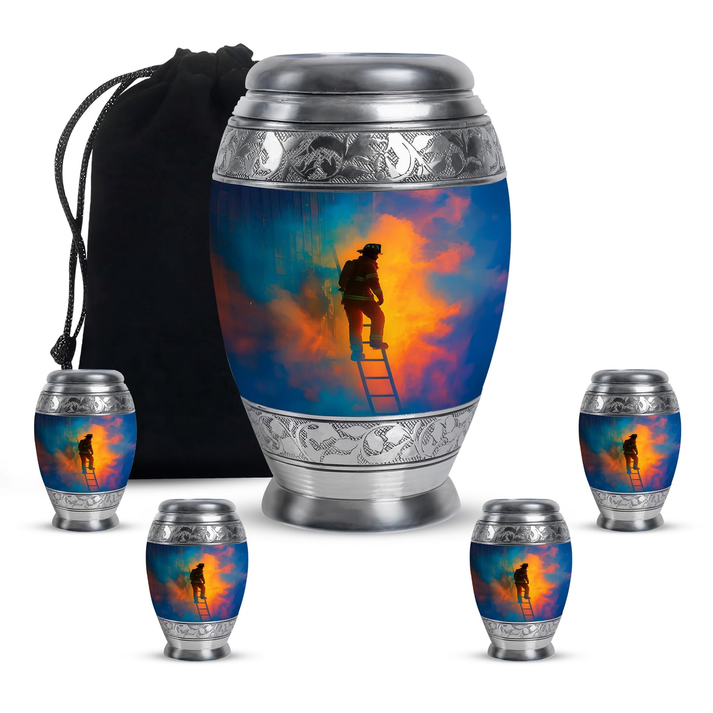 Royal Blue Firefighter Cremation Urn detail view - majestic firefighter pattern with filigree border - memorial set with one large and four small urns